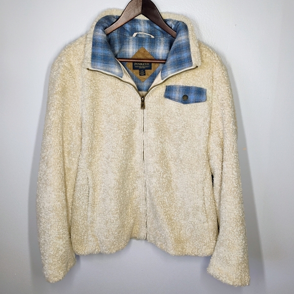 Pendleton Jacket Womens Large Ivory Sherpa Plaid Full Zip Outdoors Wool Gorp - Picture 12 of 12